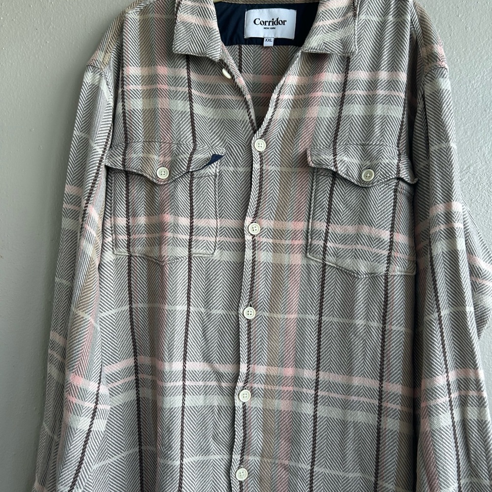 Corridor Men's Casual Plaid Button-Down Shirt - Pink and Gray size XXL
